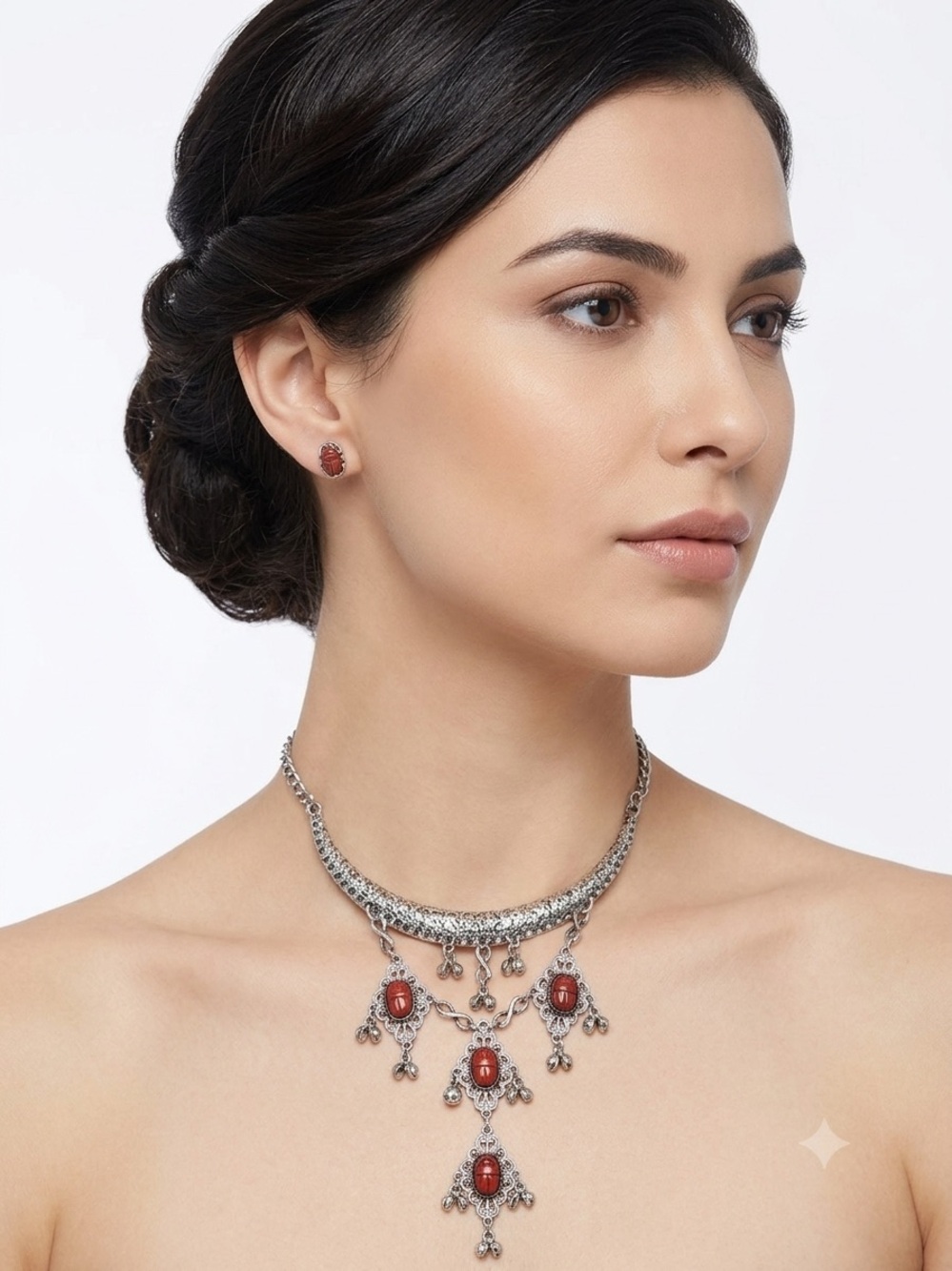 Style Silver Necklace with Red Stone Scarab Drops - Women Jewelry